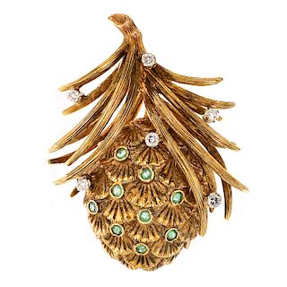 Vintage Large and Heavy 18 Karat Yellow Gold, Emerald and Diamond Pine Cone Brooch. Stamped 18K. Ve