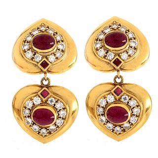 Vintage Cabochon Ruby, Pave Set Round Brilliant Cut Diamond and 14 Karat Yellow Gold Pendant Earrin