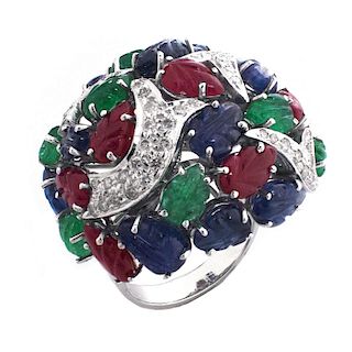 Cartier style Approx. 18.50 Carat Carved Emerald, Ruby and Sapphire, .85 Carat Diamond and 18 Karat