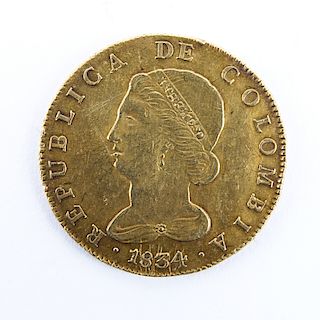 1834 Colombian Gold 8 Escudos. Bogota Mint. Bust facing left/Crossed bow & arrows on fasces. Some W