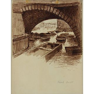 Rene (Ribet) Berti, Italian (1884-1939) Brown Ink on tan paper "Parisian Canal Scene" Signed in pencil lower right.