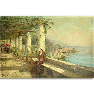 Edwardo Scognamiglio, Italian (19/20th century) Oil on Canvas, Monk Reading on a Terrace in Sorrent