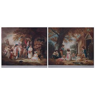 After: George Morland, British (1763 - 1804) Mezzotint Engravings with Hand Color, 2 Works: "Playin