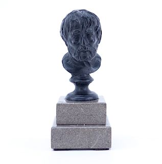 19th Century Italian School Bronze Portrait Sculpture Of A Man's Head. On stepped marble base. Unsi