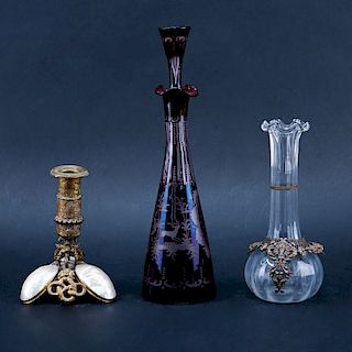 Group of Three (3): Bohemian Ruby to Clear Decanter, Gilt Brass Mounted Glass Vase, and Gilt Brass 