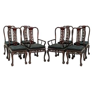 Set of Eight (8) Modern Chinese Carved Hardwood Chairs with Openwork Grape and Foliage Motif. Inclu