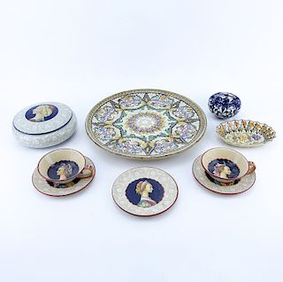 Grouping of Nine (9) Italian Majolica Ceramic Table Top Items. Includes: large charger, round cover