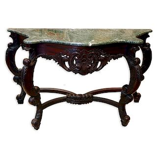 20th Century Carved Mahogany, Marble Top Console Table. Good condition. Measures 32" H x 58" W x 19