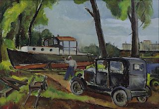 RIBAK, Louis. Oil on Board. Figure with Car and