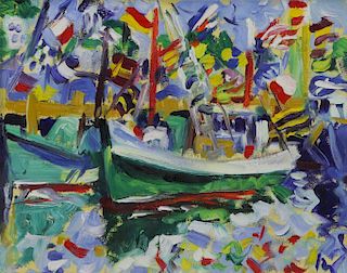 Expressionist Oil on Board. Boats in Harbor.