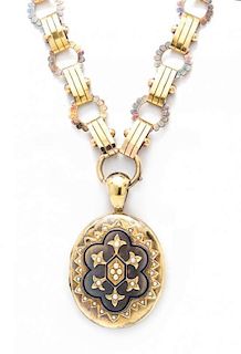 A Victorian Yellow Gold, Enamel and Split Pearl Locket and Necklace, 37.20 dwts.