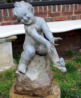 Antique Lead Putti Form Fountain with Frog