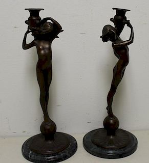 Pair of Bronze Figural Candle Sticks on Marble