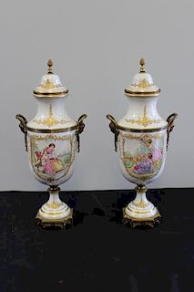 SEVRES. Pair of White Bronze Mounted Hand Painted