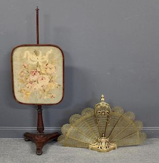 Brass Fan Form and Empire Style Needlepoint Fire