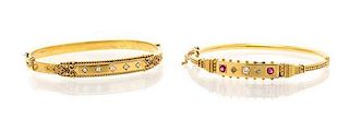 A Collection of Antique Yellow Gold and Diamond Bangle Bracelets, 13.75 dwts.