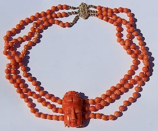 JEWELRY. Carved Coral and 14kt Gold Necklace.
