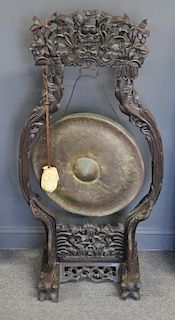 Antique Asian Gong With Highly Carved Ebonised