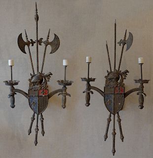 PAIR OF PAINTED CAST-METAL TWO-LIGHT 'ARMORIAL' SCONCES