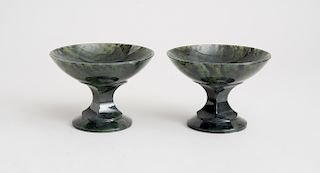 PAIR OF SPINACH GREEN JADE TAZZAS, POSSIBLY RUSSIAN