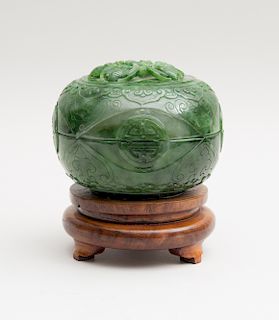 CHINESE CARVED SPINACH GREEN JADE FLATTENED SPHERICAL BOWL AND COVER