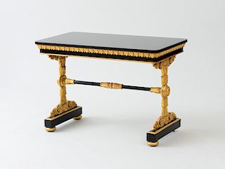 LATE WILLIAM IV EBONIZED WOOD AND PARCEL-GILT CAST-IRON LIBRARY TABLE