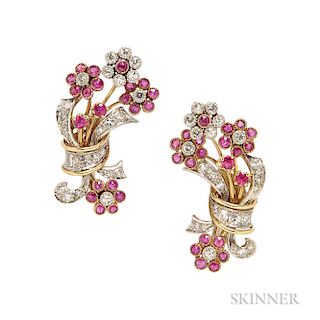 Retro Gold, Ruby, and Diamond Flower Earclips