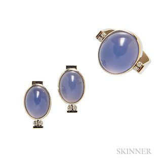 18kt Gold and Blue Chalcedony Ring and Earstuds, R.W. Wise