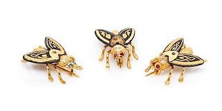 A Collection of Yellow Gold and Enamel Fly Motif Pins, 5.60 dwts.
