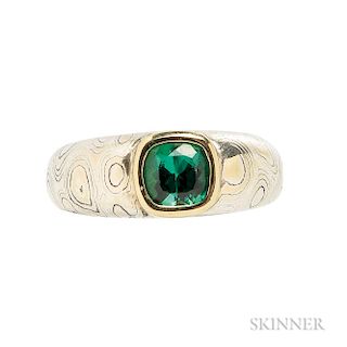 Green Tourmaline,Sterling Silver,and Gold Mokume-gane Ring, R.W. Wise