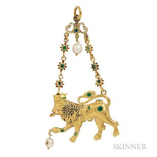 Renaissance Revival Gold, Emerald, and Enamel Lion Pendant