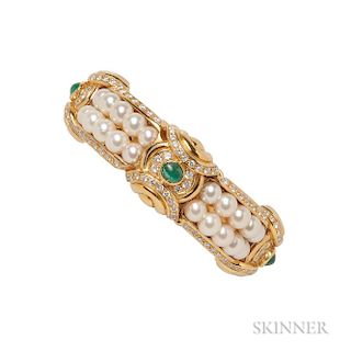 18kt Gold, Emerald, Cultured Pearl, and Diamond Bracelet