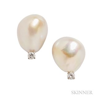 Palladium and 14kt Gold and Baroque Pearl and Diamond Earclips, David Webb