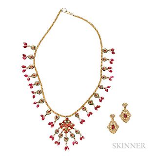 Gold, Diamond, Ruby, and Enamel Necklace and Earclips
