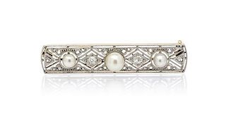 An Edwardian Platinum Topped Gold, Pearl and Diamond Bar Brooch, 8.10 dwts.