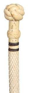 2. Turk’s Knot Whale Bone cane ca. 1860 – A carved whale’s tooth handle with a high relief Turk’s Knot and also a carved woven collar, two baleen spac