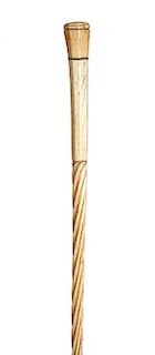 10. Sailor Made Whale Bone cane - mid 19th C. – A whale’s tooth handle with a baleen spacer 7/8” hexagonal upper shaft, 20” spiral carved, and a 4 1/2
