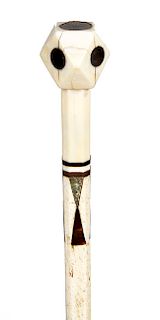 13. Scrimshaw Whale Bone cane - mid 19th C. – Whale’s tooth polygonal handle with 14 surfaces inlaid with exotic woods, silver half dime atop, a pair 