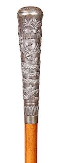 54. Affluent Chinese Cloisonné Picnic Cane- Ca. 1890- A massive silver metal handle with high relief houses, trees and people, cloisonné utensil holde