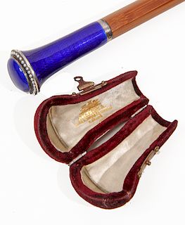 61. Cobalt Enamel Dress Cane- Late 19th Century- A superb and perfect example of an enamel handle with approximately 50 seed pearls atop, the handle i