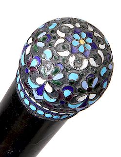 73. Russian Enamel Dress Cane- Pre 1900- A beautiful Russian silver and enamel handle with a very intricate design probably St. Petersburg, ebonized h