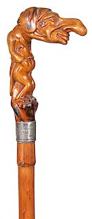 115. Anti-Semitic Folk-Art Cane- Late 19th Century- A nice carving with its’ original patina of a gentleman with an exaggerated nose, a skillfully car