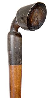 129. Horn Fetlock Cane- Ca. 1880- An early equestrian carved fetlock cane which has been carved from an American buffalo, detailed carving, exotic woo