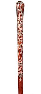 133. Russian Pique Dress Cane- Ca. 1890- An inlaid Russian silver pique dress cane with delicate work throughout the upper 10” of the hardwood shaft, 