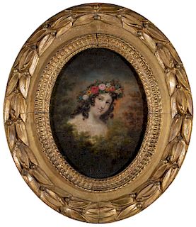 19th Century American Portrait of a Young Woman Adorned with Curls and Beautifully Painted Flower