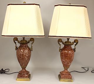 PAIR OF DECORATIVE BRONZE AND MARBLE TABLE LAMPS
