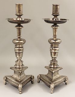 PAIR OF SPANISH COLONIAL SILVER ALTAR CANDLESTICKS