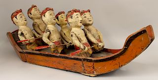 ASIAN CARVED AND PAINTED FOLK ART BOAT WITH FIGURES