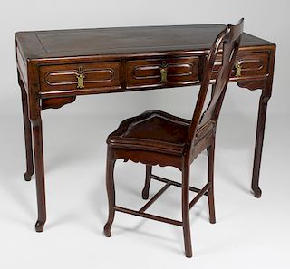 CHINESE HARDWOOD FLAT-TOP DESK AND CHAIR