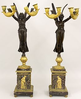 PAIR OF FRENCH MARBLE AND BRONZE FIGURAL CANDELABRA 